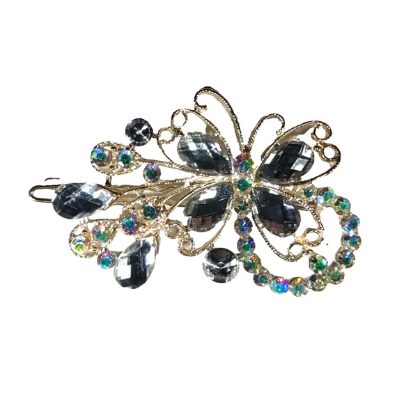 Butterfly Barrette Clip Clear Rhinestone Silver Tone Wedding Party Bling... - Picture 2 of 5